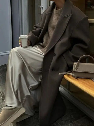 Dame Lang Uldlook Frakke – Elegant Dobbeltknappet Vinterjakke - Havn Studio