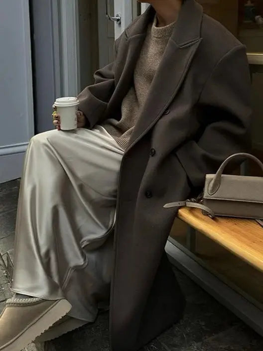 Dame Lang Uldlook Frakke – Elegant Dobbeltknappet Vinterjakke - Havn Studio